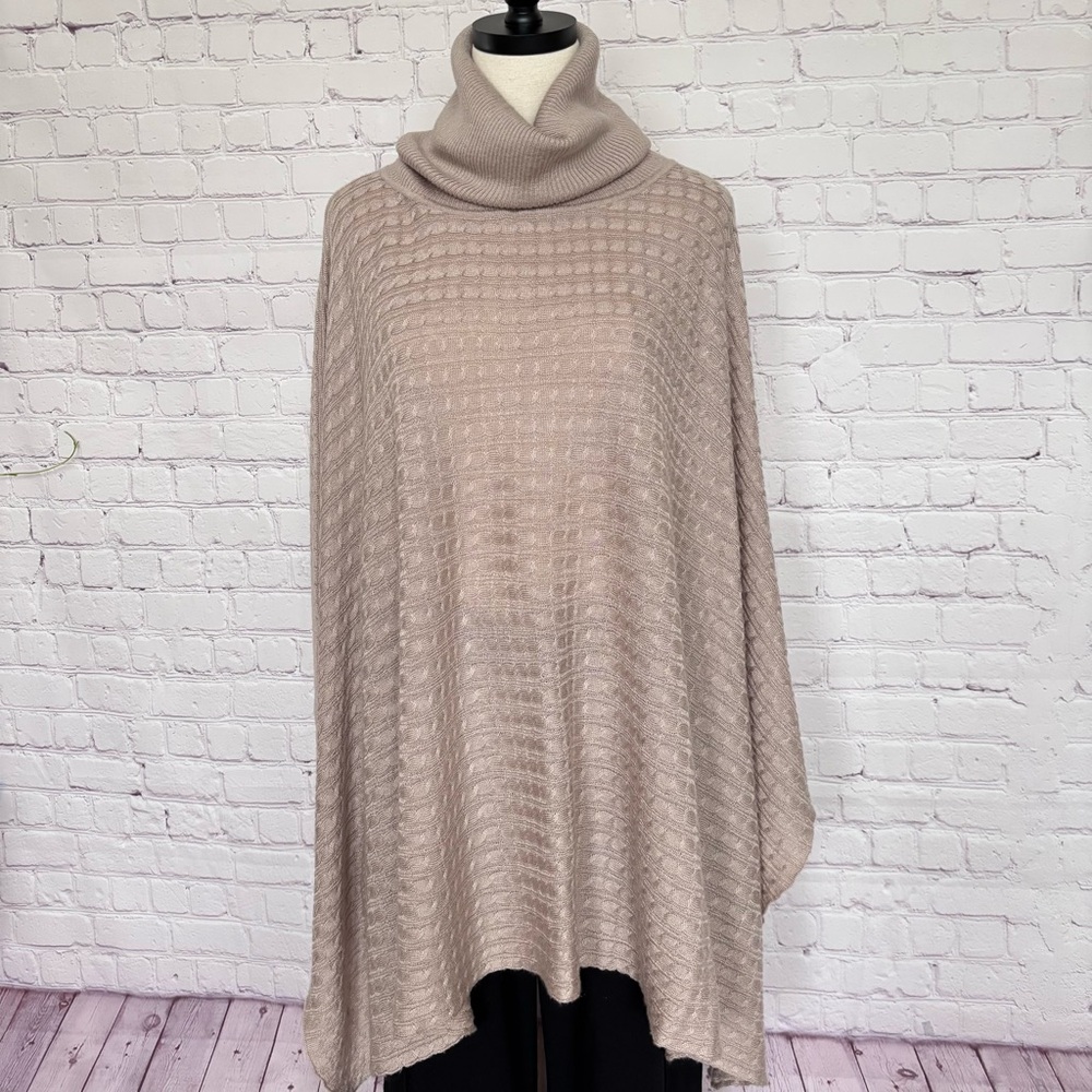 BOSTON PROPER Tan Cable Knit Turtleneck Poncho Sweater--EUC--XS/S - Picture 2 of 14